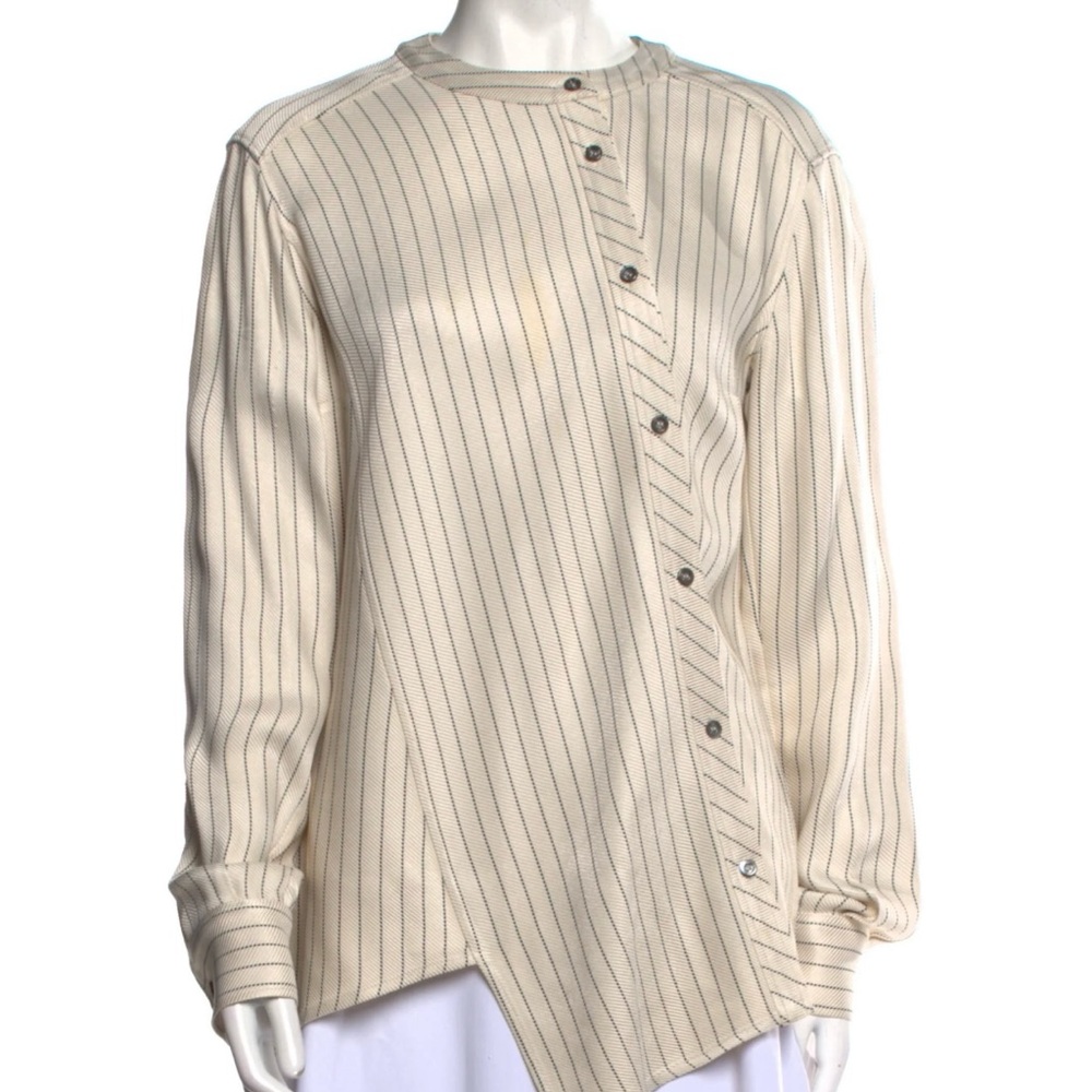Neutral, Striped, Long Sleeve with Crew Neck, Button Closure at Front
